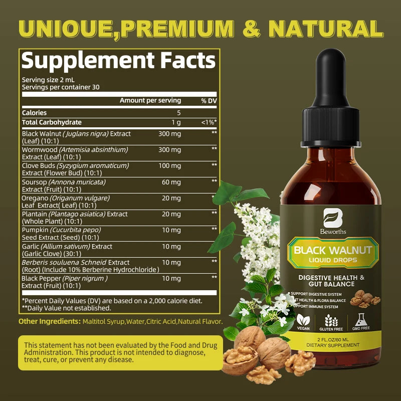 BEWORTHS Organic Black Walnut Drop with Wormwood Clove Buds Herbal Supplement for Gut Detox Cleanse & Digestive Well-Being-Vegan
