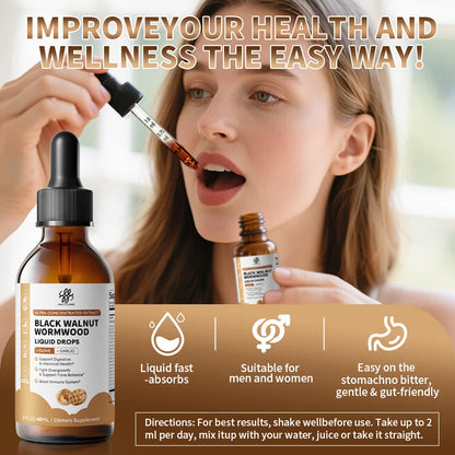 Organic Black Walnut Drop with Wormwood Clove & Garlic, Herbal Supplement for Gut Cleanse Detox and Digestive Well-Being