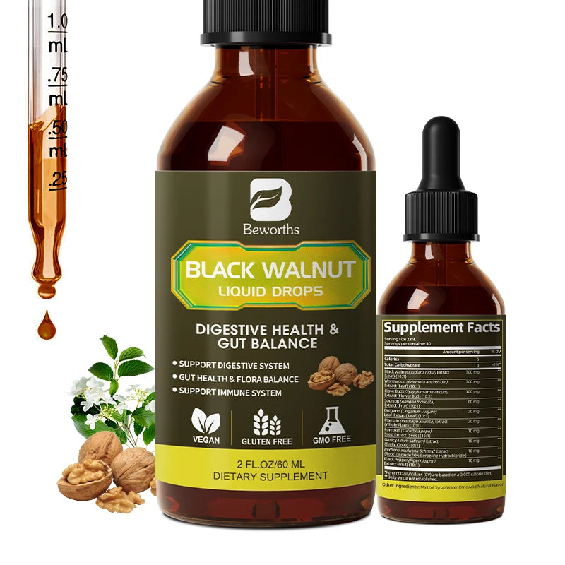 BEWORTHS Organic Black Walnut Drop with Wormwood Clove Buds Herbal Supplement for Gut Detox Cleanse & Digestive Well-Being-Vegan
